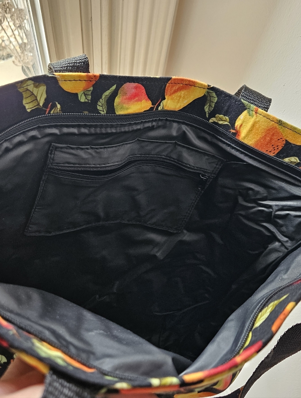 Black Fruit Print Tote Bag, Zip Top - Unbranded, 16.5"x14" x3", 12" Strap - Picture 3 of 8